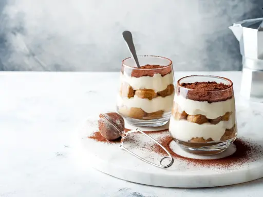 Dwa pucharki z kremowym, warstwowym deserem z biszkoptów i kakao. Idealne na najprostsze tiramisu.