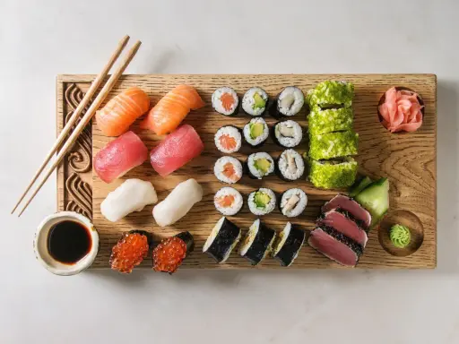 Deska z różnorodnymi składnikami do sushi: nigiri z łososiem, tuńczykiem i krewetkami, maki z awokado i rybą, rolki w ikrze, sashimi z tuńczyka, sos sojowy, wasabi i marynowany imbir.