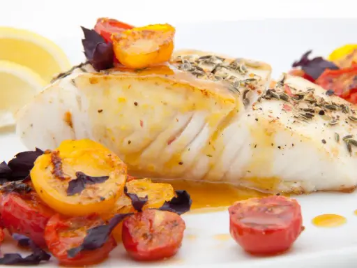 Pyszny halibut ryba, pieczony z pomidorkami koktajlowymi i ziołami, podany z cytryną.