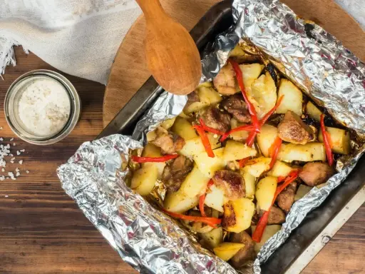 Szybkie danie z fileta z kurczaka i ziemniaków zapiekanych w folii z papryczką chili. Idealne, gdy nie wiesz, co zrobić z fileta z kurczaka na szybko.