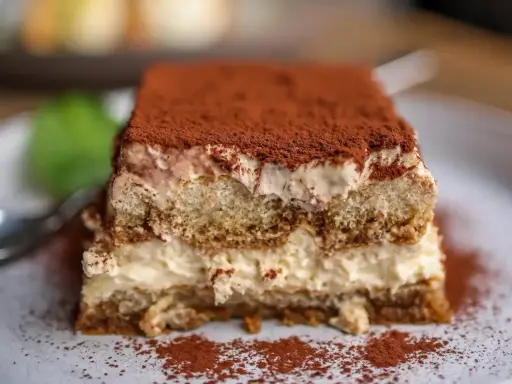 Pyszny kawałek tiramisu z mascarpone, posypany kakao. Idealny na deser, gdy szukasz sprawdzonego przepisu.
