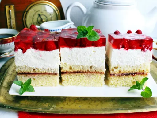 Pyszny biszkopt z serkiem mascarpone i bitą śmietaną, przełożony dżemem, z galaretką truskawkową i malinami.