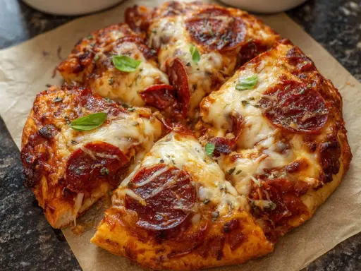 Pyszna pizza z pepperoni, z ciągnącym się serem i świeżą bazylią, przygotowana w air fryerze.