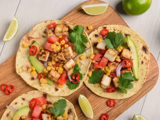 Kolorowe tortille z grillowanym tofu, kukurydzą, pomidorami, awokado i papryczką chili. Idealny lekki obiad.