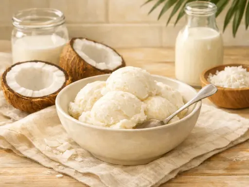 Pyszne, kremowe domowe lody kokosowe w misce, obok połówki kokosa, mleka i wiórków.