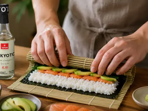 Ręce zwijają domowe sushi z łososiem i awokado na macie bambusowej. Obok butelka octu ryżowego.
