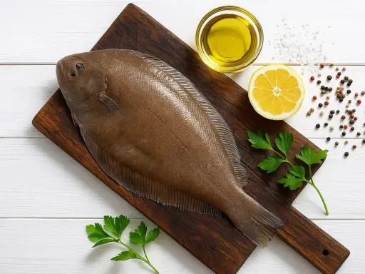 Świeża ryba sola na desce, obok cytryna, oliwa, pieprz i natka pietruszki.