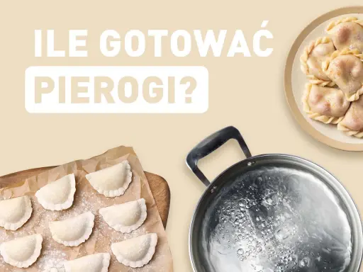 Gotowanie pierogów: surowe i ugotowane na talerzu, obok garnka z wrzątkiem. Dowiedz się, ile gotować pierogi, by były idealne.