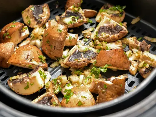 Pyszne pieczarki z airfryer, przyprawione i posypane natką pietruszki, gotowe do podania.