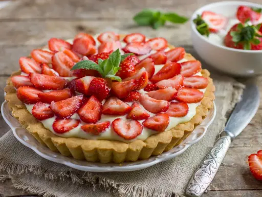 Pyszna tarta z truskawkami i kremem, ozdobiona listkami mięty. Idealna na letnie popołudnie.