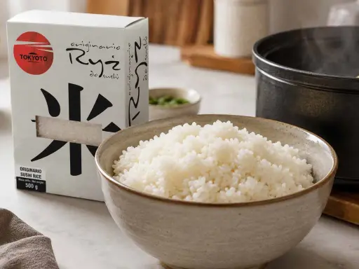 Idealny ryż do sushi, gotowy do przygotowania. Pudełko z napisem "Ryż do sushi" i miska pełna ugotowanego ryżu.