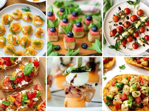 Kolorowe przekąski na grilla: mini tartinki z łososiem, szaszłyki z arbuza i ogórka, caprese na patyku, bruschetta z pomidorami i serkiem, melon z mozzarellą i prosciutto, quesadillas z kurczakiem.
