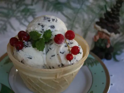 Lody straciatella w wafelku, ozdobione listkami mięty i czerwonymi porzeczkami.