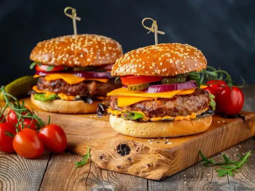 Dwa soczyste burgery z idealnie wysmażonym mięsem na burgery, serem, warzywami i sezamową bułką, podane na drewnianej desce z pomidorkami.
