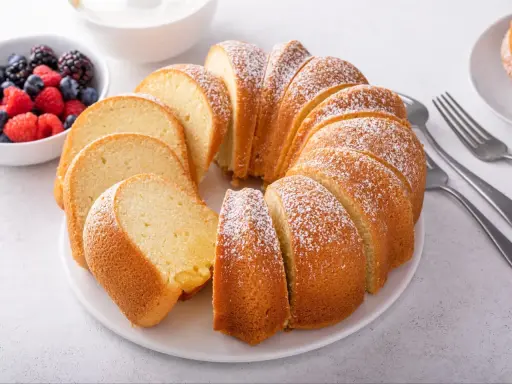 Puszysta, pokrojona wielkanocna babka posypana cukrem pudrem, obok miseczka z jagodami i malinami.