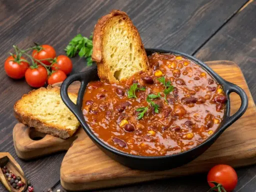 Gęste chili con carne z fasolą i kukurydzą, podane z chrupiącym pieczywem. Idealne na obiad na dwa dni.