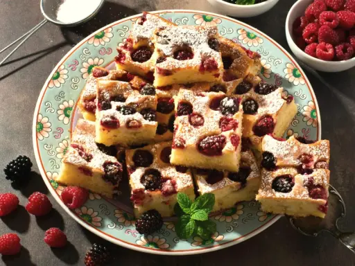 Szybkie ciasto na maślance z malinami i jeżynami, posypane cukrem pudrem. Idealne na deser.