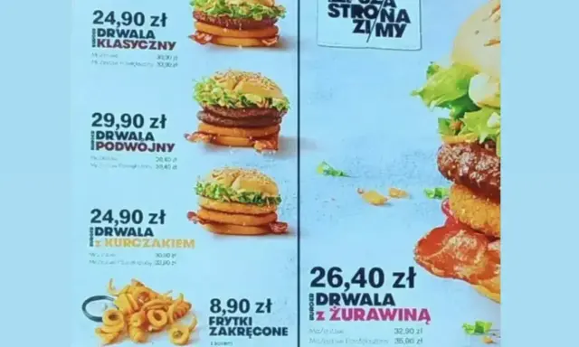 Drwala Klasyczny kosztuje 24,90 zł. Menu McDonald's pokazuje też inne burgery, np. Drwala Podwójnego za 29,90 zł.