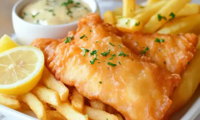 Chrupiąca ryba w cieście, podana z frytkami, cytryną i sosem tatarskim. Idealny posiłek na szybki lunch.
