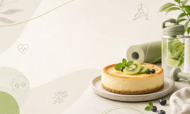 Pyszny sernik skyr pieczony fit, udekorowany kiwi i borówkami, obok maty do jogi i butelki z wodą.