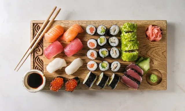 Deska z różnorodnymi składnikami do sushi: nigiri z łososiem, tuńczykiem i krewetkami, maki z awokado i rybą, rolki w ikrze, sashimi z tuńczyka, sos sojowy, wasabi i marynowany imbir.