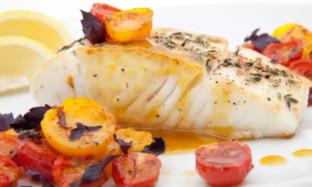 Pyszny halibut ryba, pieczony z pomidorkami koktajlowymi i ziołami, podany z cytryną.