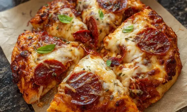 Pyszna pizza z pepperoni, z ciągnącym się serem i świeżą bazylią, przygotowana w air fryerze.