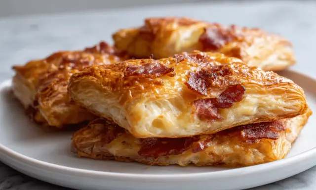 Chrupiące ciasto francuskie w airfryer z kawałkami bekonu, idealne na szybką przekąskę.
