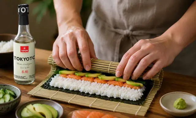 Ręce zwijają domowe sushi z łososiem i awokado na macie bambusowej. Obok butelka octu ryżowego.