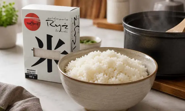 Idealny ryż do sushi, gotowy do przygotowania. Pudełko z napisem "Ryż do sushi" i miska pełna ugotowanego ryżu.