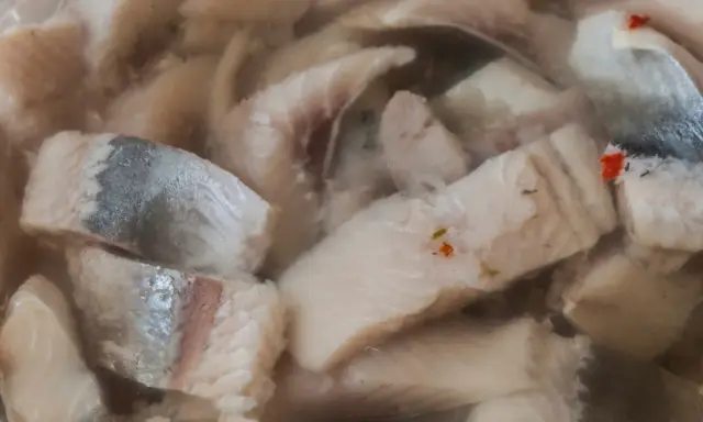 Kawałki kiszonych śledzi w zalewie, z widocznymi fragmentami skórki i przyprawami.