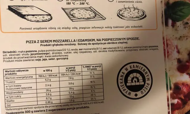 Pizza Guseppe z serem mozzarella i edamskim, gotowa do pieczenia. Instrukcja przygotowania na opakowaniu.