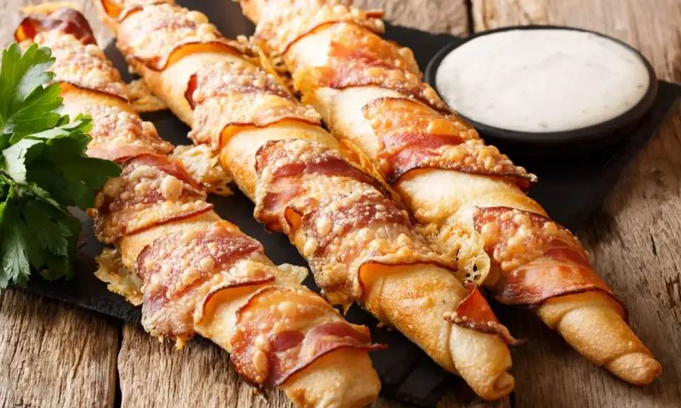 Pyszne paluszki z ciasta na pizzę owinięte boczkiem i posypane serem. Świetny pomysł na przekąskę!