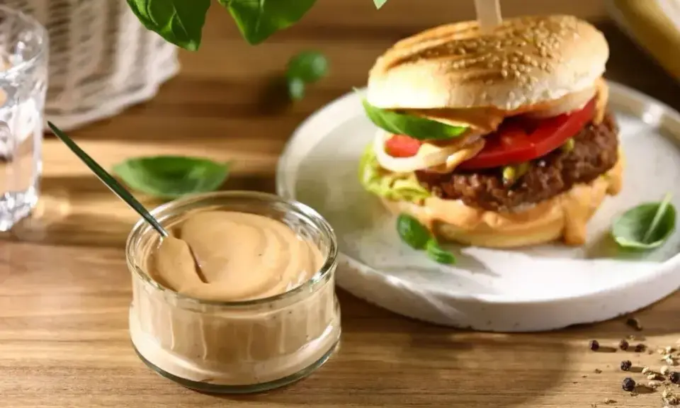 Pyszny sos do burgera w słoiczku, obok apetyczny burger z dodatkami. Idealny duet na letni wieczór.
