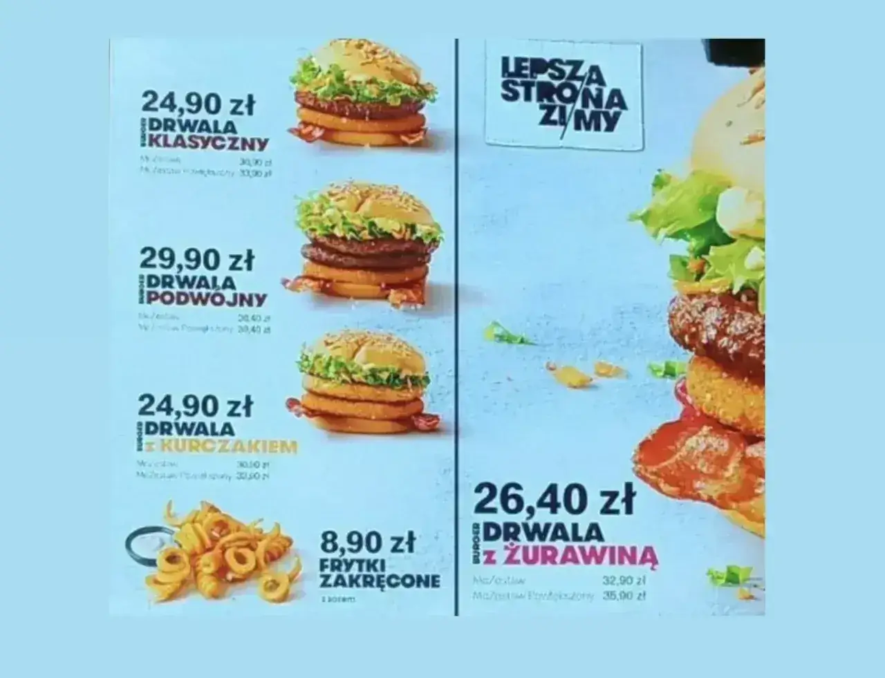 Drwala Klasyczny kosztuje 24,90 zł. Menu McDonald's pokazuje też inne wersje Drwala, np. z kurczakiem za 24,90 zł.