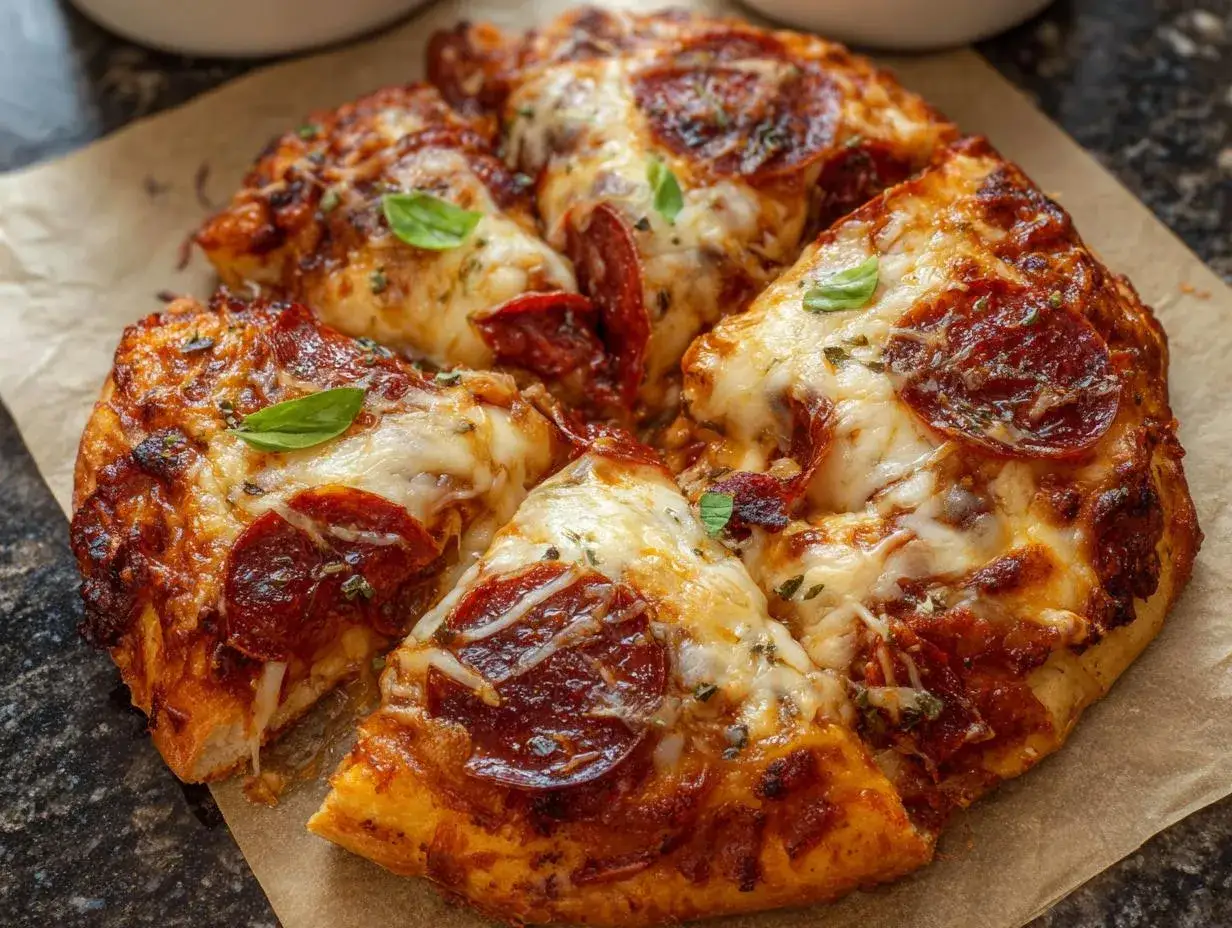 Pyszna pizza z pepperoni i ciągnącym serem, przygotowana w air fryerze. Idealna na szybką przekąskę.