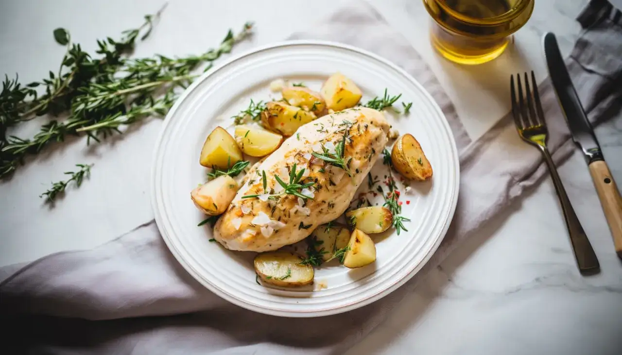 Pieczone ziemniaki z kurczakiem i rozmarynem na talerzu. Aromatyczne ziemniaki pieczone z ziołami i soczystym mięsem.