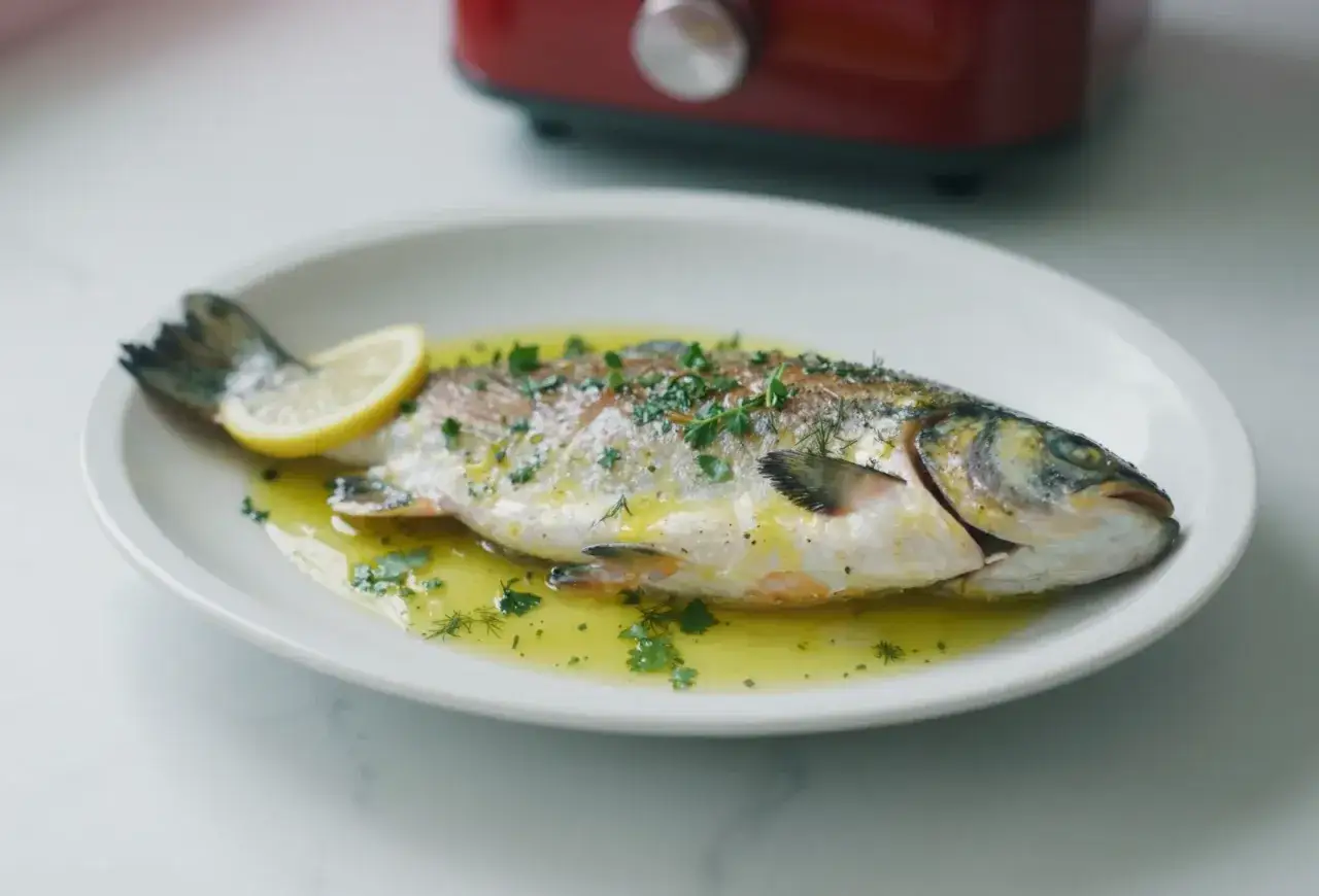 Pstrąg z airfryer, polany aromatycznym sosem, ozdobiony cytryną i ziołami, prezentuje się apetycznie na białym talerzu.