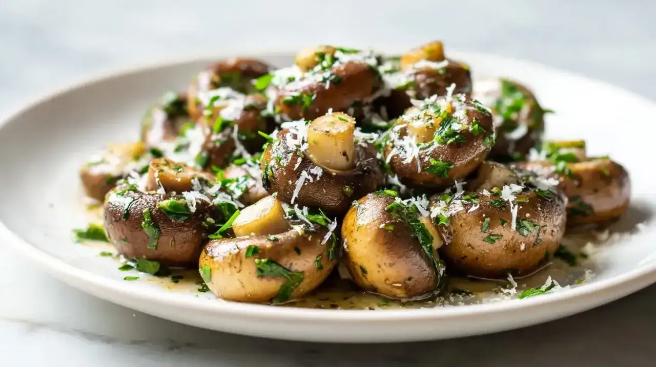 Pyszne pieczarki z airfryer, posypane natką pietruszki i parmezanem, kuszą apetycznym wyglądem.