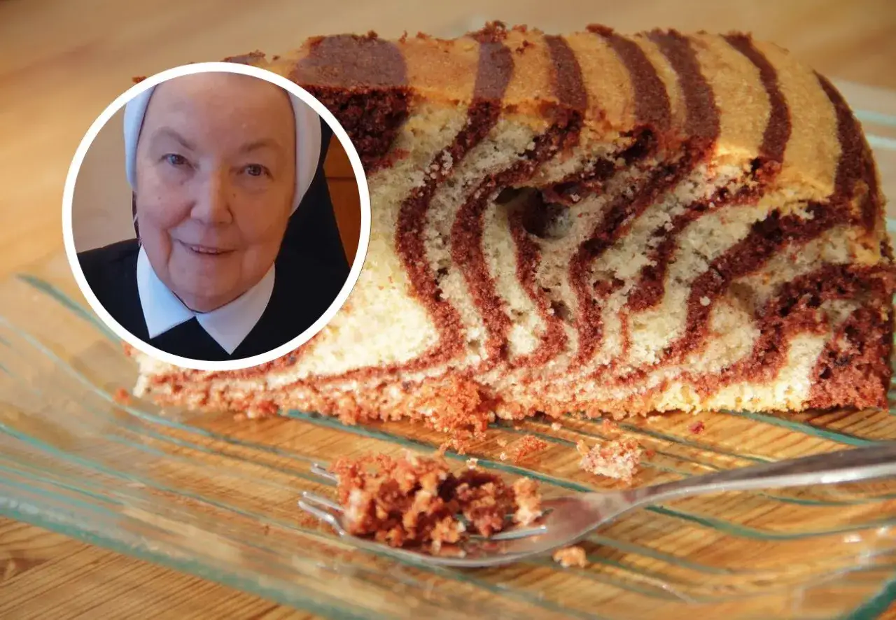 Siostra uśmiecha się obok pysznego, wilgotnego ciasta zebra.