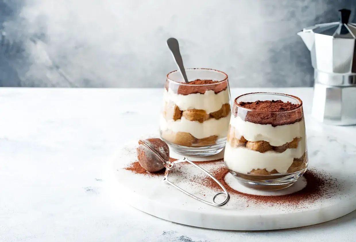 Dwa pucharki z kremowym, warstwowym deserem i biszkoptami, posypane kakao. Idealne na najprostsze tiramisu.
