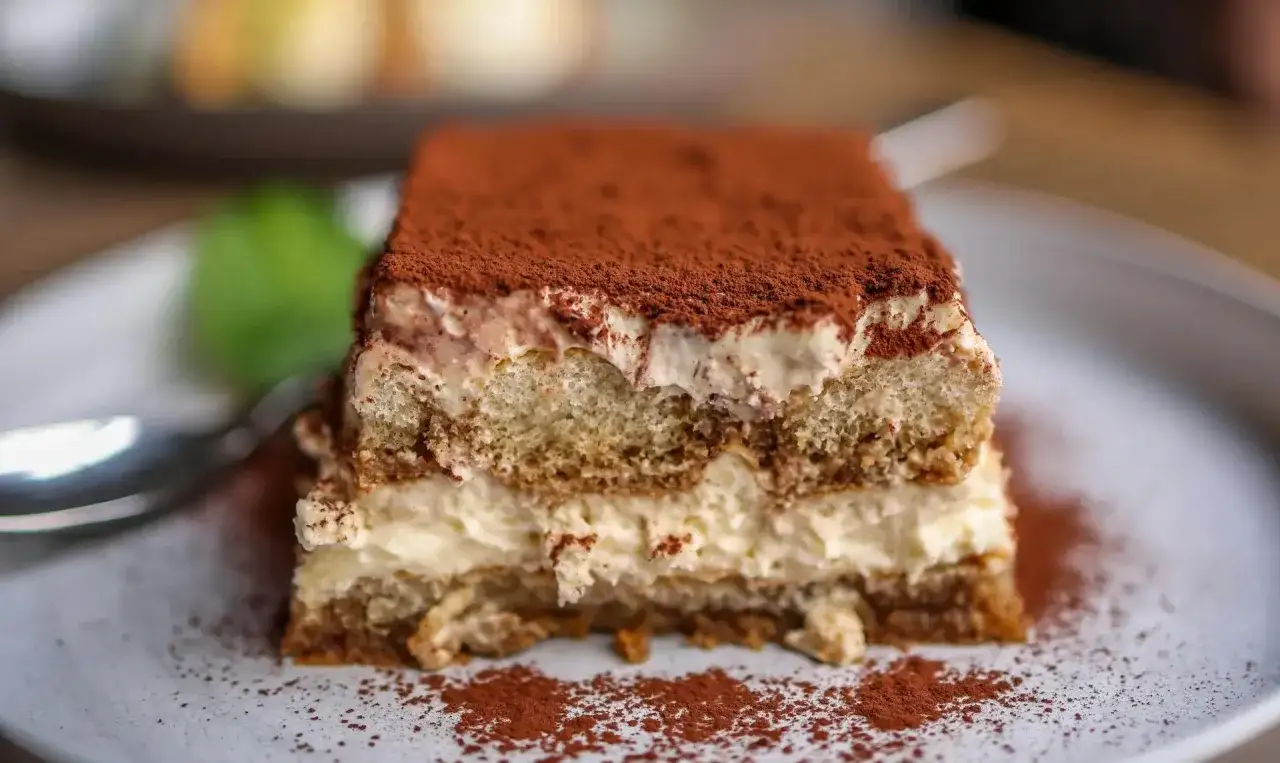 Pyszny kawałek tiramisu z mascarpone, posypany kakao. Idealny na deser, gdy szukasz sprawdzonego przepisu.