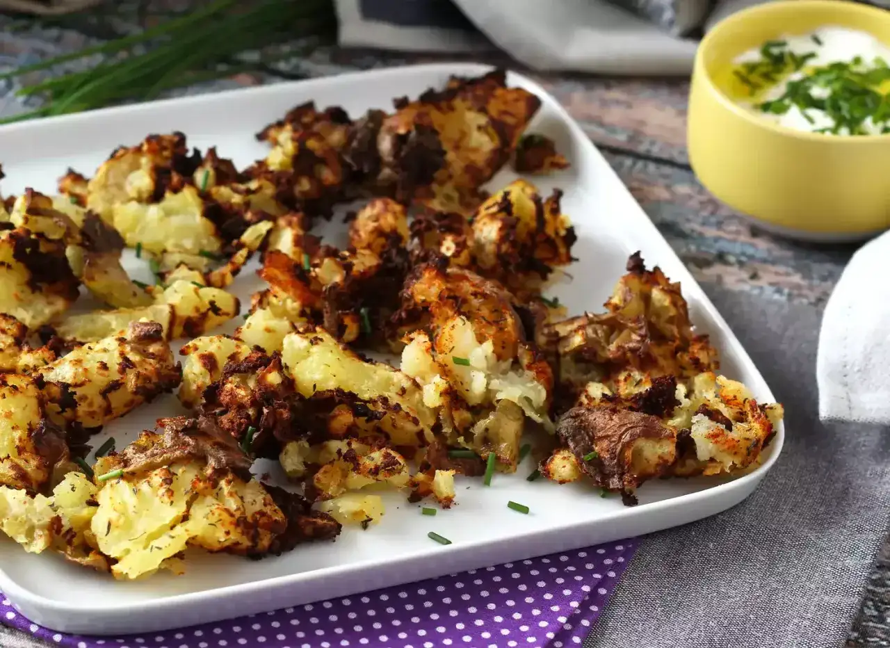 Chrupiące, złociste pieczone ziemniaki w airfryer, posypane szczypiorkiem, podane z dipem.