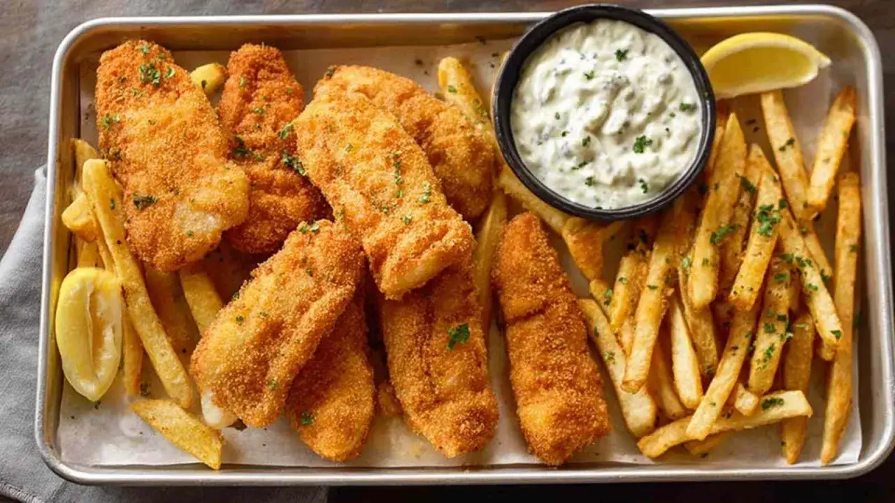 Chrupiące ryby w panierce i złociste frytki, klasyczne fish and chips, podane z sosem tatarskim i cytryną.