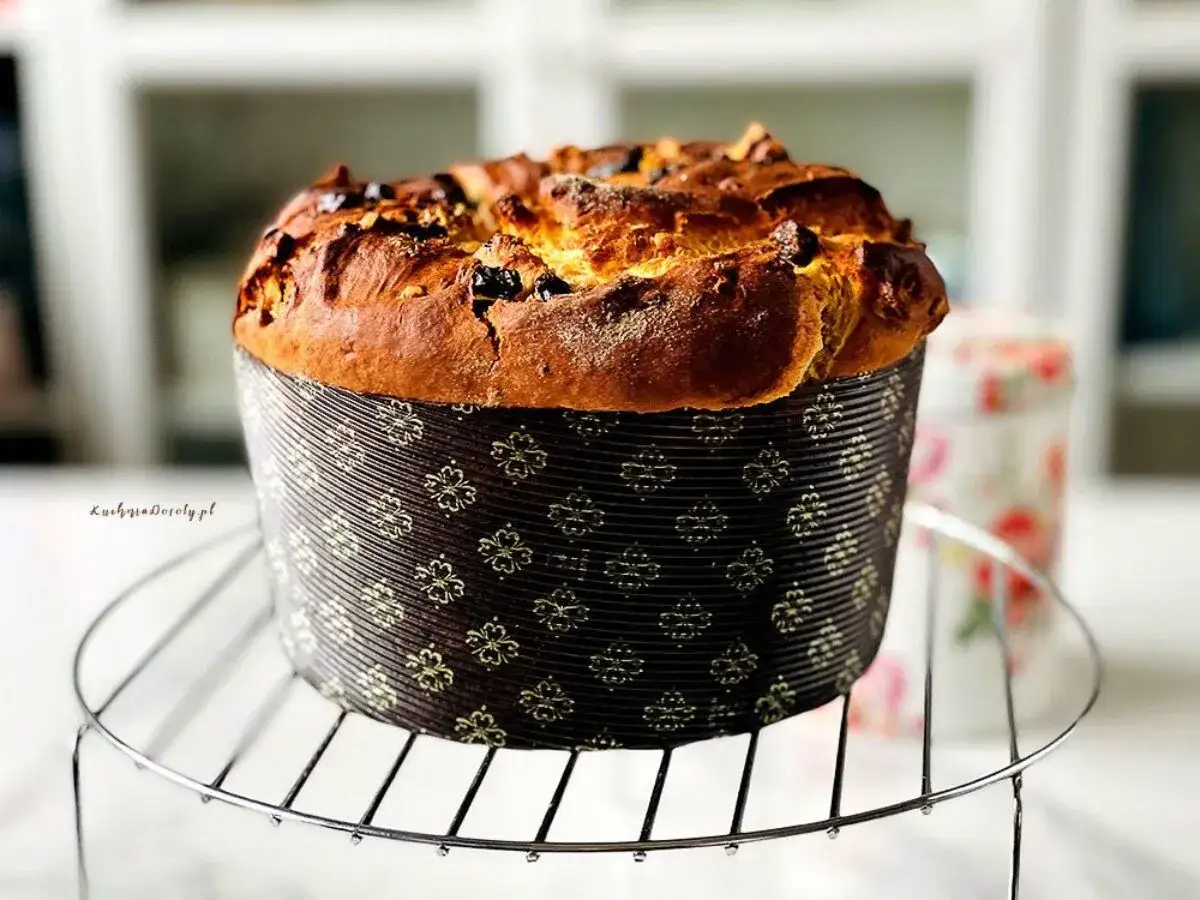 Aromatyczna babka włoska, pachnąca świętami, w ozdobnej papilotce, studzi się na drucianej podstawce.