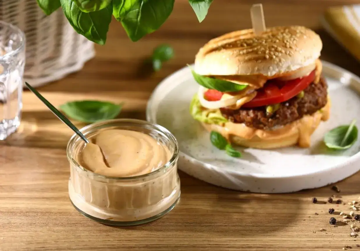Pyszny burger z sosem big mac, świeżą sałatą, pomidorem i cebulą. Obok miseczka sosu i przyprawy.