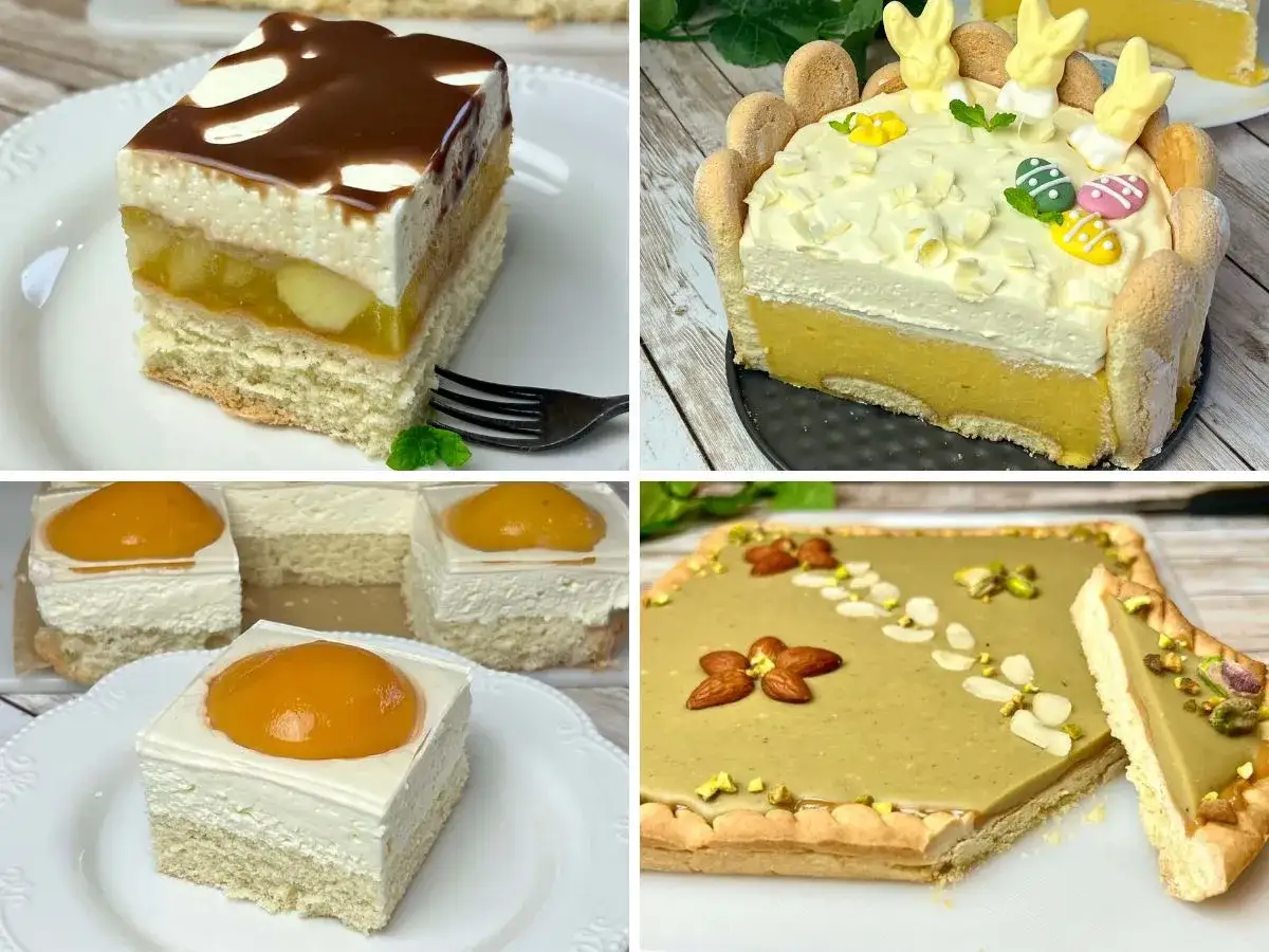 Cztery pyszne ciasta: jabłecznik z polewą, wielkanocny deser z króliczkami, mini serniczki z brzoskwinią i pistacjowa tarta. Idealne na Wielkanoc!
