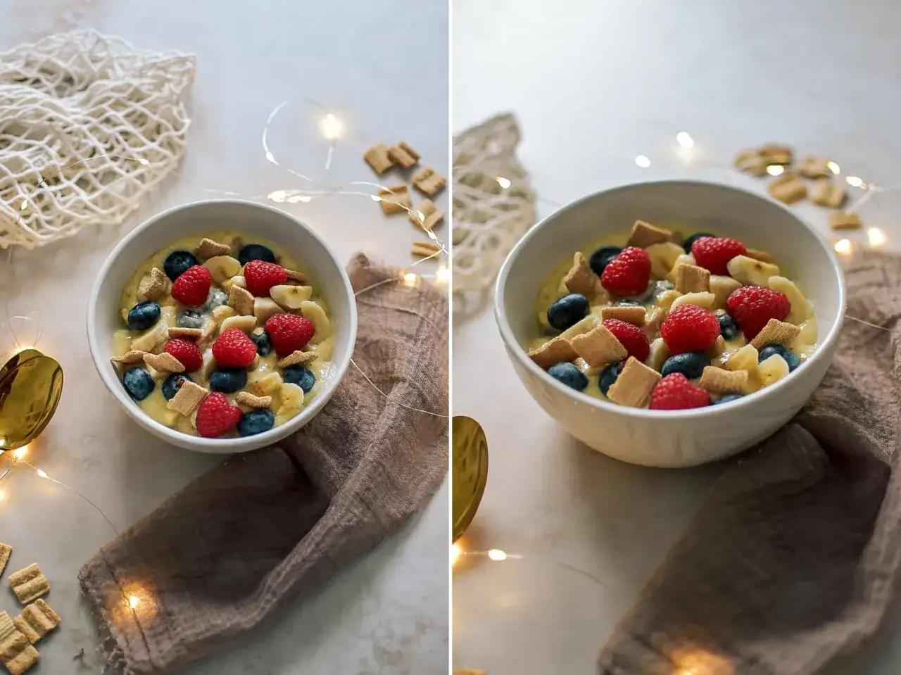 Miseczka pysznego congee z malinami, borówkami i bananem, ozdobiona ciasteczkami i światełkami.