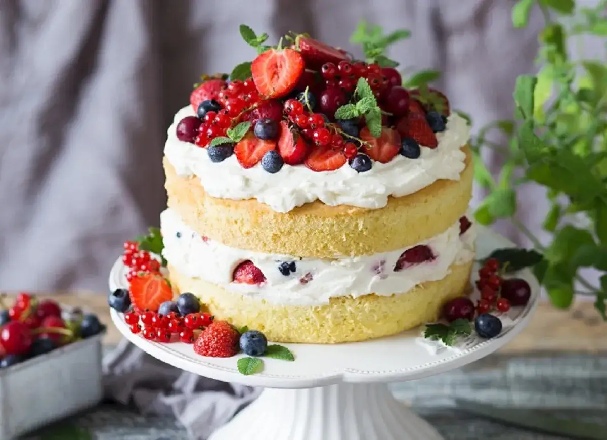 Pyszny biszkopt z serkiem mascarpone i bitą śmietaną, ozdobiony świeżymi owocami leśnymi i truskawkami.